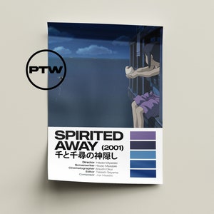 May include: A poster for the animated film "Spirited Away" (2001) with the Japanese title "千と千尋の神隠し" (Sen to Chihiro no Kamikakushi). The poster features a young girl sitting on a balcony overlooking a dark blue sea with a glowing orb in her hand. The poster also includes a color palette of blues and purples.