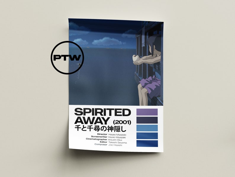 May include: A poster for the animated film "Spirited Away" (2001) with the Japanese title "千と千尋の神隠し" (Sen to Chihiro no Kamikakushi). The poster features a young girl sitting on a balcony overlooking a dark blue sea with a glowing orb in her hand. The poster also includes a color palette of blues and purples.