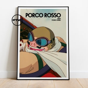 May include: A poster featuring a cartoon pig wearing goggles and a scarf, flying a red plane. The poster has the title "Porco Rosso" and the text "1992 Studio Ghibli".
