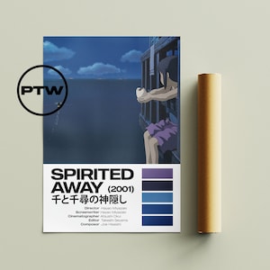 May include: A poster for the animated film Spirited Away (2001), also known as Sen to Chihiro no Kamikakushi. The poster features a scene from the film with a young girl sitting on a balcony overlooking the ocean. The poster also includes a color palette of blues and purples.
