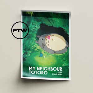 May include: A poster featuring a scene from the animated film "My Neighbor Totoro." The image shows Totoro, a large gray forest spirit, with a girl in a pink dress. The background is lush green foliage. The poster includes the film's title and the Studio Ghibli logo.