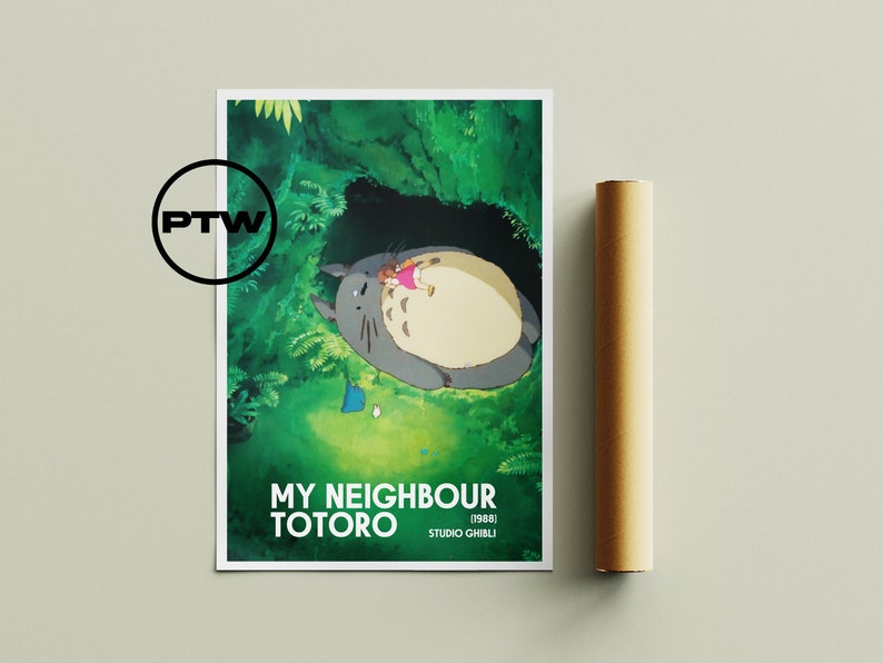 May include: A poster featuring a scene from the animated film "My Neighbor Totoro." The artwork depicts Totoro, a large gray forest spirit, with a child in a forest setting. The poster includes the film's title and the Studio Ghibli logo.