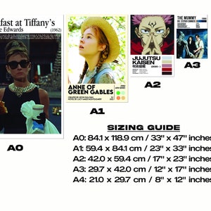 May include: A sizing guide for posters with different sizes listed in inches and centimeters. The guide includes the following sizes: AO, A1, A2, A3, and A4. The guide also includes the dimensions of each size in inches and centimeters. The guide is printed on a white background with black text.