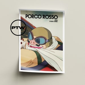 May include: A poster featuring a cartoon pig wearing goggles and a scarf, with the text "PORCO ROSSO 1992 STUDIO GHIBLI" at the top.