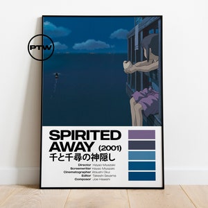 May include: A minimalist poster with a black frame featuring a scene from the animated film Spirited Away. The poster includes the film's title in English and Japanese, along with the release year and a color palette.
