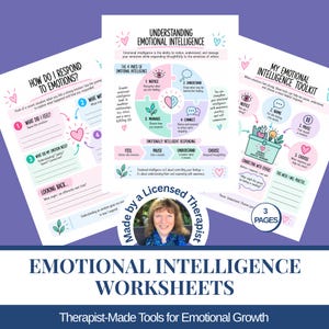 Puede incluir: Tres hojas de trabajo imprimibles tituladas Understanding Emotional Intelligence, How Do I Respond to Emotions y My Emotional Intelligence Toolkit. Las páginas presentan diagramas en tonos pastel, indicaciones de texto e iconos.