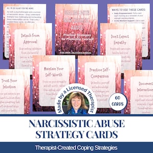 My 60 Dealing with Narcissism Strategy Cards are a thoughtfully curated set of mental health cards designed to support anyone facing narcissistic behaviors at home, in the workplace, or within their community.