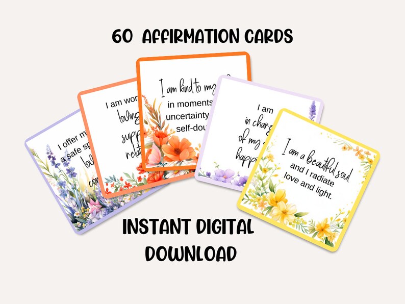 Showing 5 of the 60 self-love affirmation card. These are a digital download.