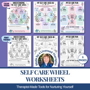 May include: A set of six self-care worksheets featuring a colour version and a print-friendly black and white version. The pages include a self-care wheel, a check-in chart, and a plan template with sections for personal, physical, emotional, mental, practical, and social wellbeing.