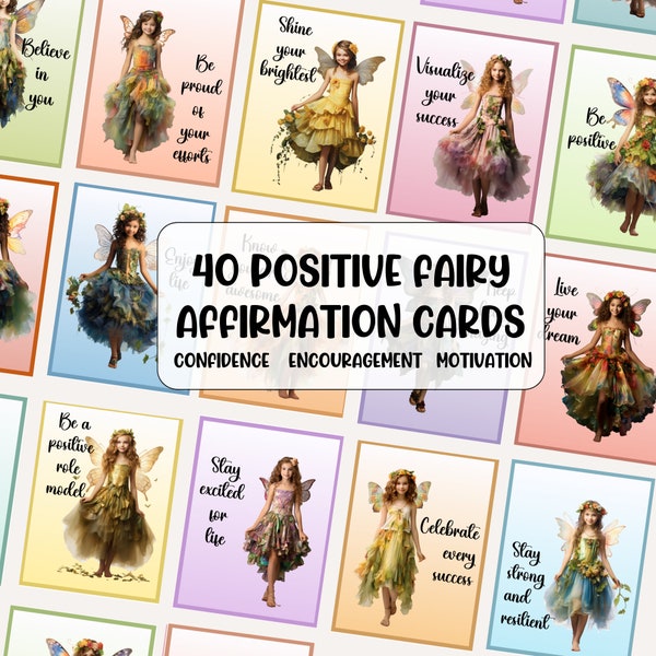 40 Kid’s Fairy Affirmation Card Deck. Positive messages of confidence and encouragement for children. Printable digital download flashcards