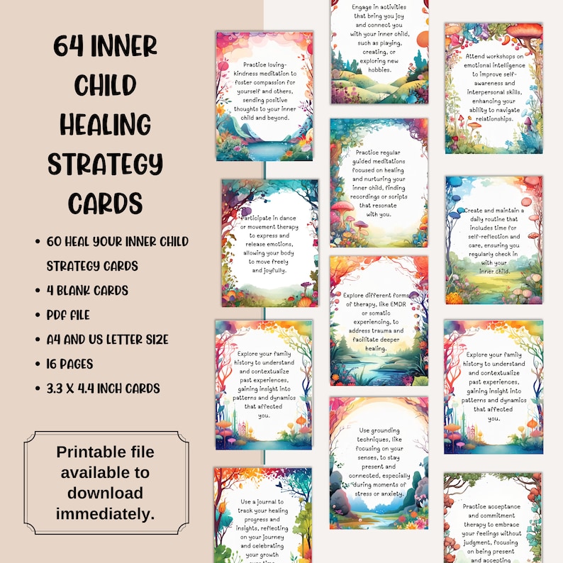 These inner child strategy healing cards are perfect for personal use, as well as a valuable resource for therapists specializing in childhood trauma recovery and inner child therapy.