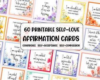 セルフケア、自尊心、そして自己への思いやりを高めるための自己愛肯定カード60枚。ポジティブなカードデッキ。毎日のフラッシュカード。印刷可能なデジタルギフト。