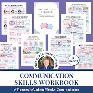 Puede incluir: Un libro de ejercicios de comunicación de 35 páginas que incluye varias hojas de trabajo con diagramas, texto y gráficos. La portada muestra el título Communication Workbook: A Therapist's Guide to More Effective Communication y una insignia circular con la foto de una persona y el texto Made by a Licensed Therapist.