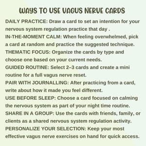 There are many ways to use your vagus nerve cards: daily practice, in the moment calm, pair with journaling, share in a group or as a guided routiine.