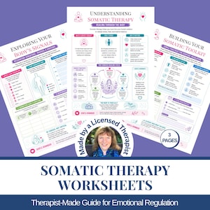 Op de afbeelding: Een set van drie witte werkbladen voor somatische therapie met paarse en blauwgroene tekst en iconen. De pagina's zijn getiteld Understanding Somatic Therapy, Exploring Your Body's Signals en Building Your Somatic Toolkit, inclusief een ronde foto.