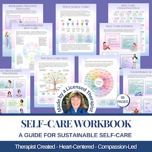 Könnte beinhalten: Ein Selbstpflege-Arbeitsbuch mit mehreren Seiten mit Diagrammen und Text zu Themen wie dem Umdenken von Gedanken, Selbstpflegegewohnheiten und Emotionsidentifikation. Das Arbeitsbuch wurde von einem zugelassenen Therapeuten erstellt und umfasst 69 Seiten.