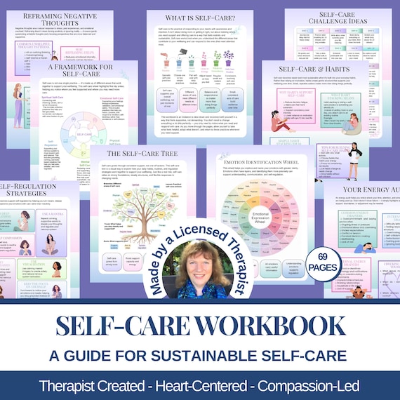 Self-care Workbook Printable self love journal Stress relief planner Mindfulness coping skills Therapy resources Self-help Ebook 70 pages
