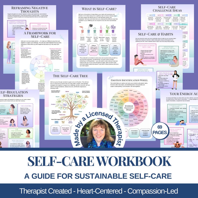 This self-care workbook is a thoughtfully designed, therapist-created resource to support mental health, emotional regulation, and everyday wellbeing. Created to feel calm, accessible, and practical, this workbook offers gentle guidance for building self-care habits that fit into real life. It combines mindfulness, coping skills, and reflection to support stress relief, emotional balance, and self-awareness without overwhelm or pressure.