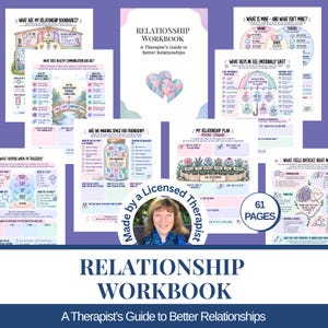 Puede incluir: Un libro de ejercicios sobre relaciones de 61 páginas titulado A Therapist's Guide to Better Relationships, que incluye varias hojas de trabajo con ilustraciones en tonos pastel, diagramas y textos para el crecimiento emocional.