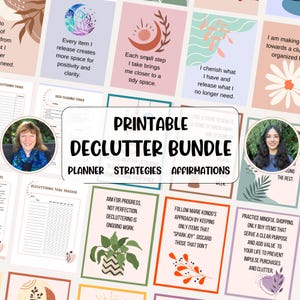 Könnte beinhalten: Druckbarer Entrümpelungs-Bundle mit Planer, Strategien und Affirmationen. Das Bundle verfügt über ein farbenfrohes Design mit floralen und geometrischen Mustern. Der Text enthält "Druckbarer Entrümpelungs-Bundle", "Planer-Strategien" und "Affirmationen".