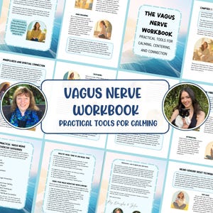 以下が含まれることがあります： 「The Vagus Nerve Workbook」というタイトルのワークブックで、副題は「Practical Tools for Calming, Centering, and Connection」です。表紙にはタイトルと女性の写真が入った円形のデザインが施されています。ページにはテキストと画像が含まれています。