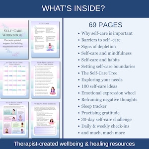 The workbook functions as both a printable self love journal and stress relief planner, helping you explore your needs, develop mindfulness practices, and strengthen coping skills at your own pace.