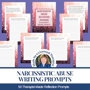 My 50 Narcissistic Abuse Recovery Journal Writing Prompts journal is a comprehensive narcissism healing workbook designed for abuse survivors and therapists.