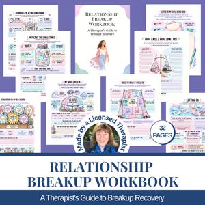 May include: A 32-page relationship breakup workbook featuring a therapist's guide to recovery. The cover displays a person in a pink cardigan, while interior pages include prompts for boundaries, gratitude, grief check-ins, and self-reflection.