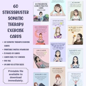 These colorful somatic therapy exercise cards are vibrant tools meticulously crafted to spark creativity and facilitate mindful self-discovery in every user. Each card bursts with lively hues and engaging visuals that encourage you to connect deeply with your body, releasing built-up tension and inviting exploration of your inner world.