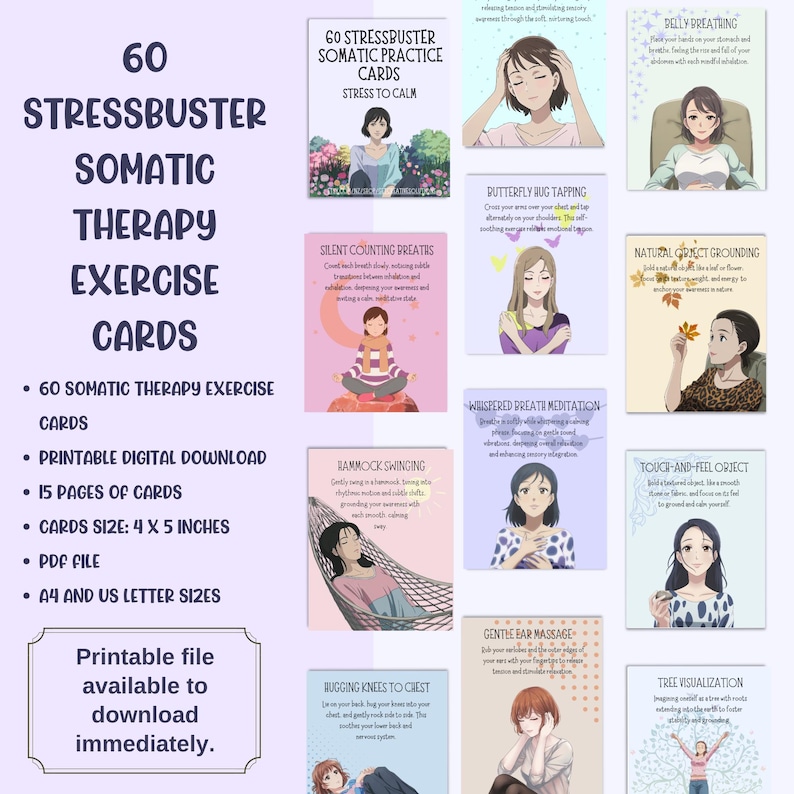 These colorful somatic therapy exercise cards are vibrant tools meticulously crafted to spark creativity and facilitate mindful self-discovery in every user. Each card bursts with lively hues and engaging visuals that encourage you to connect deeply with your body, releasing built-up tension and inviting exploration of your inner world.