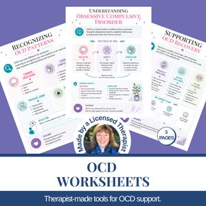 May include: A set of three educational worksheets titled Understanding Obsessive Compulsive Disorder, Recognizing OCD Patterns, and Supporting OCD Recovery. The pages feature pastel-colored icons, text boxes, and diagrams explaining OCD symptoms.