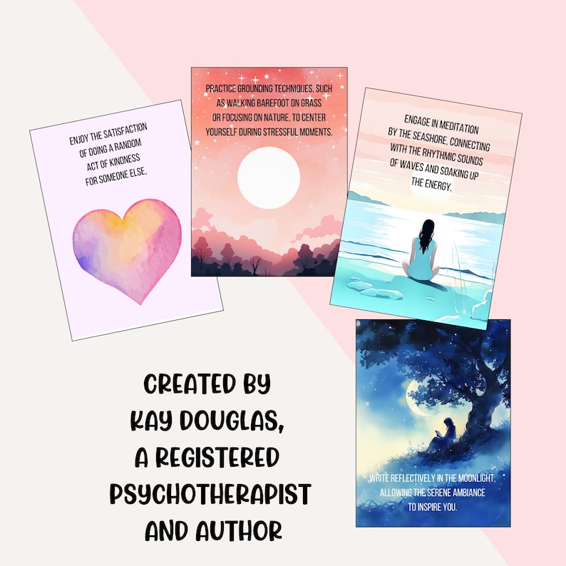 These self care strategy cards are created by Kay Douglaas, a registered psychotherapist and author.