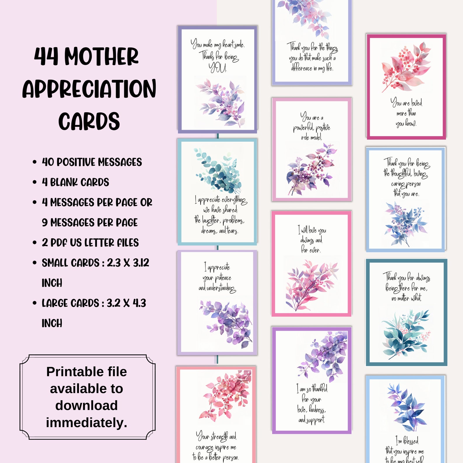 44 Mother Appreciation Affirmation Cards Printable Gift for Mom Gratitude Messages Thank You Mum ...