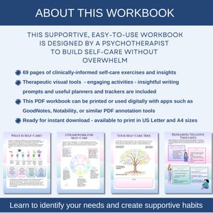 Inside this 70-page printable self-care workbook, you’ll find therapy-informed tools, prompts, and guided reflection pages designed to support emotional support, anxiety relief, and sustainable self-care.