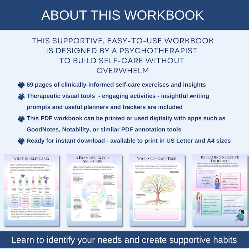 Inside this 70-page printable self-care workbook, you’ll find therapy-informed tools, prompts, and guided reflection pages designed to support emotional support, anxiety relief, and sustainable self-care.