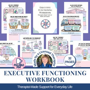 Puede incluir: Un cuaderno de trabajo de 32 páginas sobre funciones ejecutivas con herramientas creadas por terapeutas. La portada muestra un diseño trenzado circular, mientras que las páginas interiores incluyen ilustraciones de un tren, paraguas y globo.