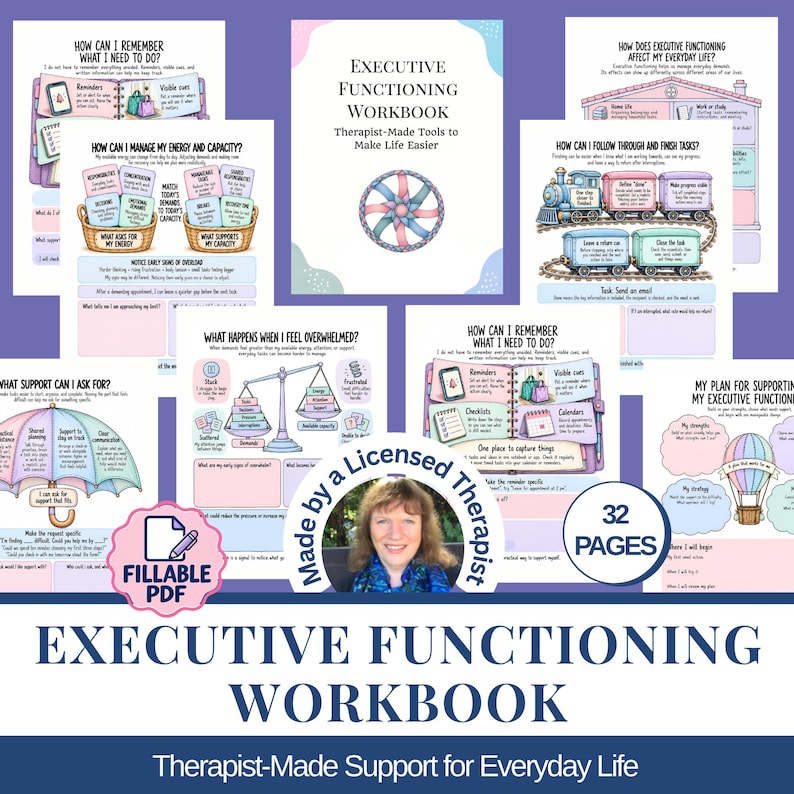 Discover practical ADHD coping skills and make everyday responsibilities feel more manageable with this Executive Functioning Workbook. Created by a psychotherapist, these illustrated therapy worksheets combine psychoeducation, guided reflection, and practical tools to help you understand your needs and find strategies that work for you.