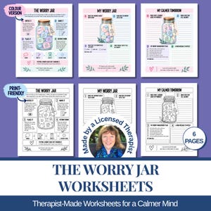 以下が含まれることがあります： The Worry JarおよびMy Calmer Tomorrowと題された6枚の印刷可能なワークシートセット。メモで満たされたガラス瓶のイラストが特徴です。各ページには、カラーおよび白黒の反射的なプロンプト、ライティングエクササイズ、および治療的なガイダンスが含まれています。