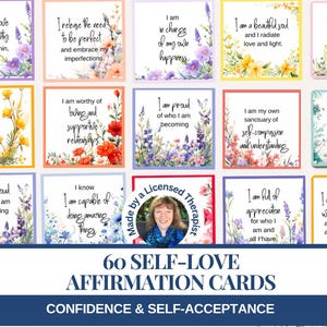 60 carte di affermazione di amor proprio per la cura di sé, l'autostima e l'autocompassione. Mazzo di carte positive. Flashcard giornaliere. Regalo digitale stampabile.
