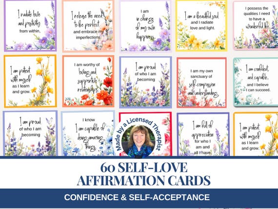 60 Self-love affirmation cards for self-care, self-esteem & self-compassion. Positive card deck. Daily flashcards. Printable digital gift.