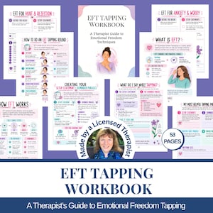 May include: An EFT Tapping Workbook featuring 53 pages of therapist-guided instructions. The cover and interior pages include illustrations of tapping points, setup statements, and reminder phrases for emotional freedom techniques.