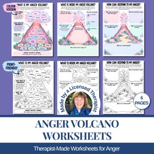 May include: A set of six anger volcano worksheets featuring both color and black-and-white versions. The pages include prompts like What Is My Anger Volcano, What Is Inside My Anger Volcano, and How Can I Respond To My Anger with diagrams.