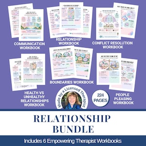 May include: A relationship bundle featuring six printed workbooks with pastel illustrations and text covering communication, conflict resolution, boundaries, and people-pleasing. Includes a circular badge stating Made by a Licensed Therapist and 224 pages.
