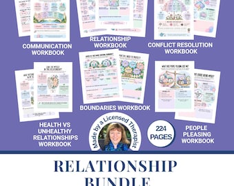 Puede incluir: Un paquete de relaciones con seis cuadernos de trabajo impresos con ilustraciones en tonos pastel y texto sobre comunicación, resolución de conflictos, límites y complacencia. Incluye una insignia circular Made by a Licensed Therapist y 224 páginas.