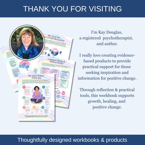 This workbook has been created by Kay Douglas, a psychotherapist and author. 
Created from both professional expertise and personal healing experience, this therapist-made workbook offers compassionate guidance, practical tools, and encouragement to help you move beyond survival and build a life of greater safety, confidence, and healing.