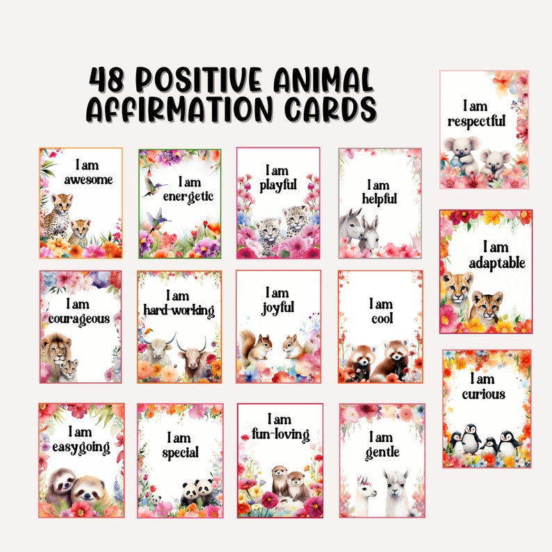 40 Affirmationskarten für Kinder. Kinder Karteikarten mit Tieren ...