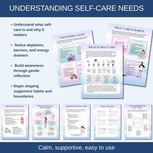 This workbook has inforgraphic, interactive worksheets and writing prompts to help you understant your self care needs and address them.