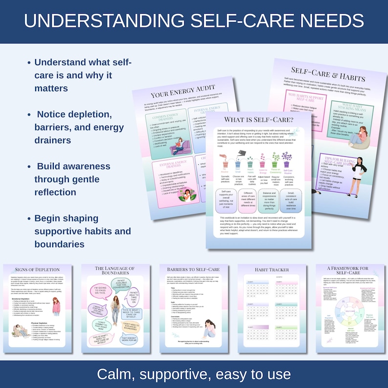 This workbook has inforgraphic, interactive worksheets and writing prompts to help you understant your self care needs and address them.