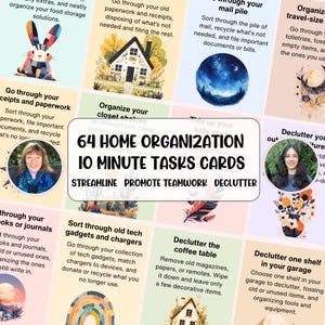May include: A set of 64 home organization task cards, each with a different decluttering or organizing tip. The cards feature colorful illustrations and text, with the title "64 Home Organization 10 Minute Tasks Cards".