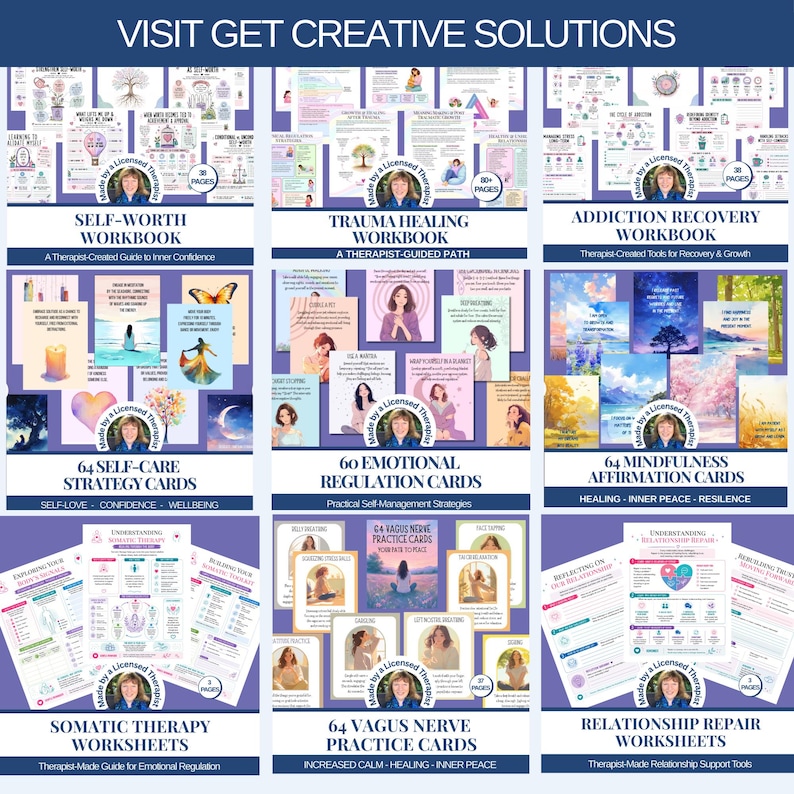 You’ll also find dozens of therapist-made resources in my Etsy shop, Get Creative Solution, covering emotional wellbeing, coping skills, self-awareness, personal growth, relationships, trauma recovery, and more.
